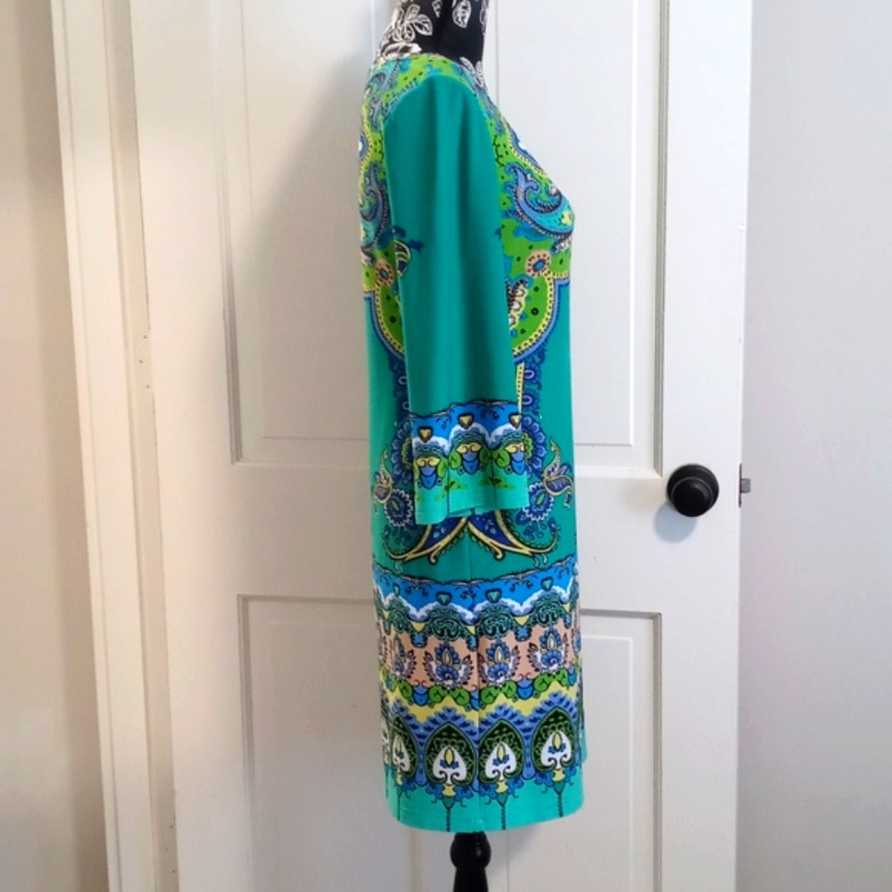 🦚Ronni Nicole🦚 - Green/Turquoise Paisley Stretch Sheath Dress - Picture 6 of 13